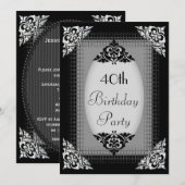 Eleganter schwarzer und silberner 40. Geburtstag Einladung (Vorne/Hinten)