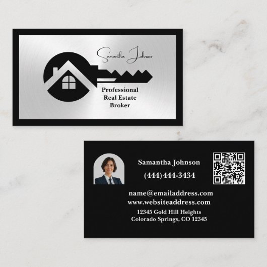 Eleganter schwarzer und silberner QR-Code Foto-Imm Visitenkarte (Vorne/Hinten)