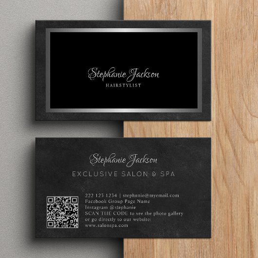 Eleganter schwarzer und silberner QR-Code Luxus Visitenkarte
