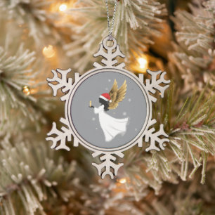 Eleganter schwarzer Weihnachtsengel mit goldenen F Schneeflocken Zinn-Ornament
