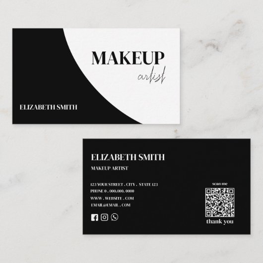 Eleganter schwarzer & weißer QR-Code-Make-up-Artis Visitenkarte (Vorne/Hinten)