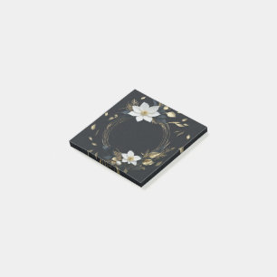 Eleganter schwarzer, weißer und goldener Blumenkra Post-it Klebezettel