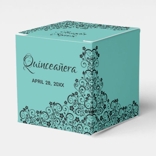 Eleganter Schwarzer Wirbel Türkis Quinceañera Geschenkschachtel (Vorderseite)