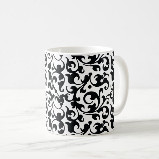 Eleganter Schwarzweiss-Damast-Wirbel Kaffeetasse (VorderseiteRechts)