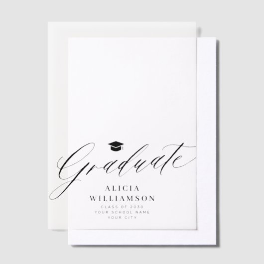 Eleganter Script-Absolvent Schwarz-Weiß-Abschluss Pergament Einladungen (Versetzt)