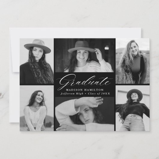 Eleganter Script Black 6 Foto Collage Abschluss Ankündigung (Vorderseite)