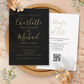 Eleganter Script Black and Gold QR Code Hochzeit Einladung
