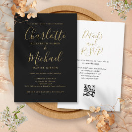 Eleganter Script Black and Gold QR Code Hochzeit Einladung