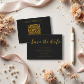 Eleganter Script Black and Gold QR Code Hochzeit Save The Date