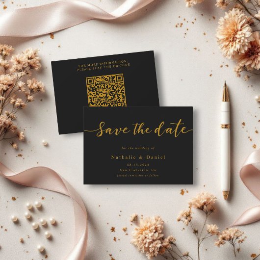Eleganter Script Black and Gold QR Code Hochzeit Save The Date