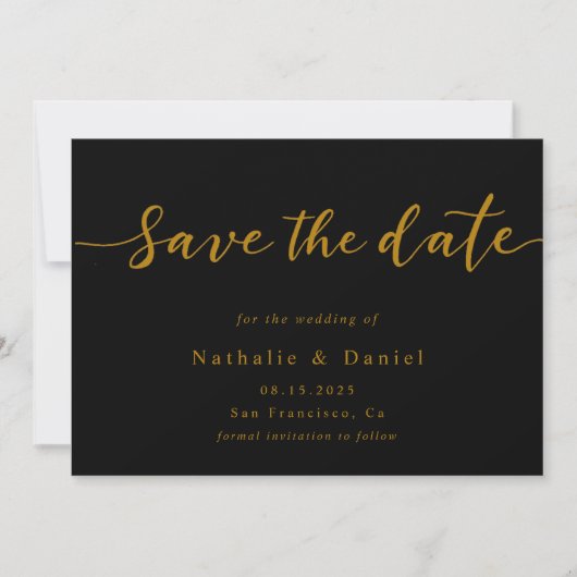 Eleganter Script Black and Gold QR Code Hochzeit Save The Date (Vorderseite)