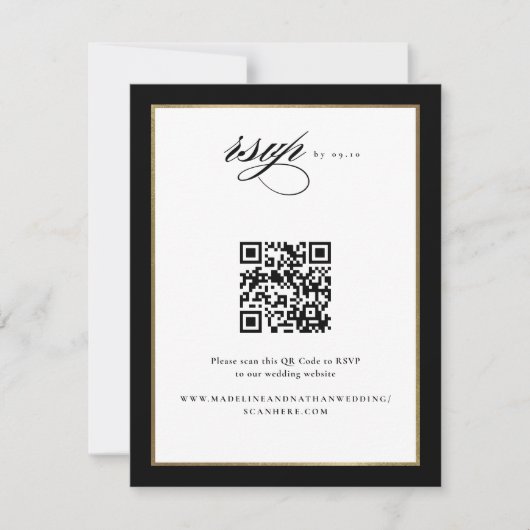 Eleganter Script Black and Gold Wedding QR Code RSVP Karte (Vorderseite)