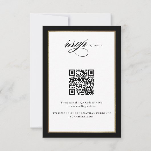 Eleganter Script Black and Gold Wedding QR Code RSVP Karte (Vorderseite)