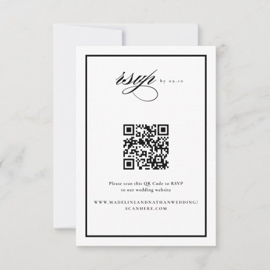 Eleganter Script Black and Wedding QR Code RSVP Karte (Vorderseite)