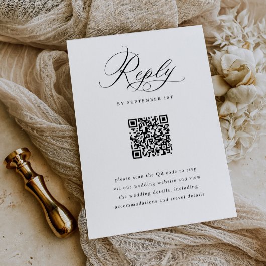 Eleganter Script Black and White QR Code Hochzeit RSVP Karte