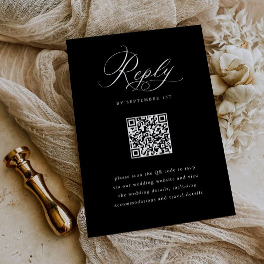 Eleganter Script Black and White QR Code Hochzeit RSVP Karte