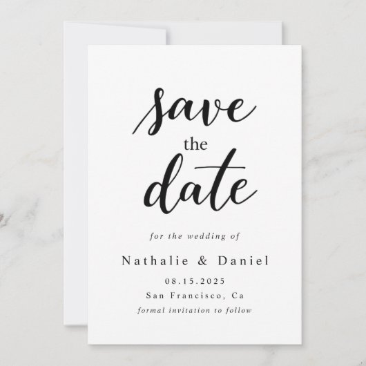 Eleganter Script Black and White QR Code Hochzeit Save The Date (Vorderseite)