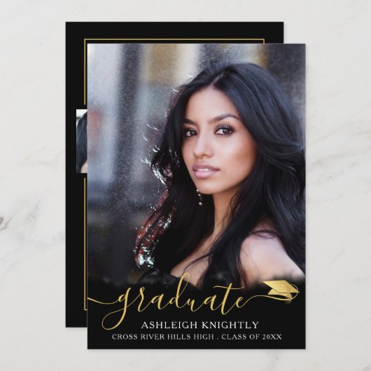 Eleganter Script Black Gold 4 Foto Abschluss Ankündigung (Vorne/Hinten)