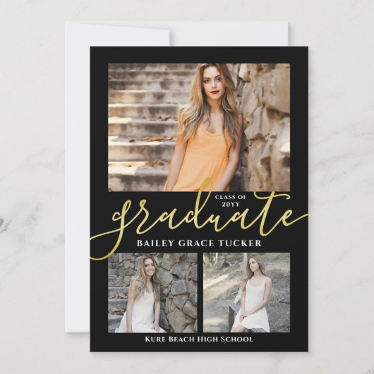Eleganter Script Black Gold Foto Collage Abschluss Ankündigung (Vorderseite)