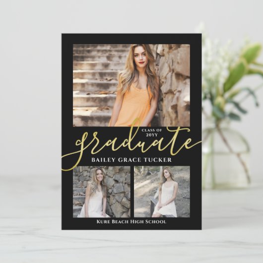 Eleganter Script Black Gold Foto Collage Abschluss Ankündigung (Stehend Vorderseite)