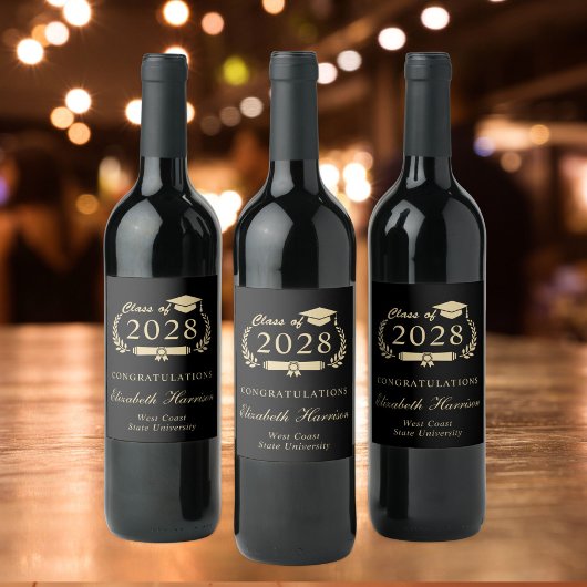 Eleganter Script Black Gold Party Abschluss Weinetikett