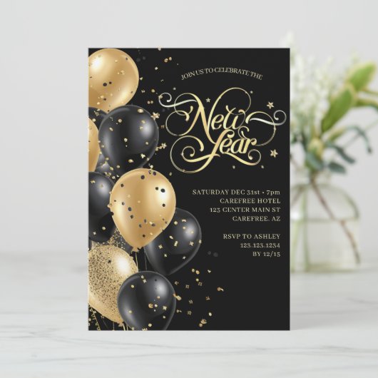 Eleganter Script Black Gold Silvester Einladung (Stehend Vorderseite)
