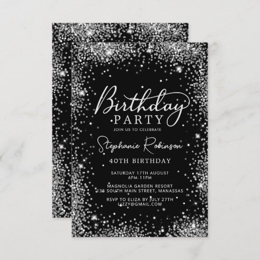Eleganter Script Black Silver Glitzer 40. Geburtst Einladung (Vorne/Hinten)