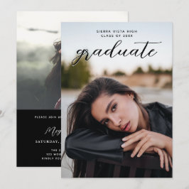 Eleganter Script Black Two Foto Abschluss Einladung