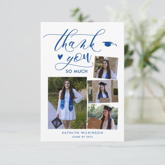 Eleganter Script Blue 4 Foto Uni-Abschluss Dankeskarte (Stehend Vorderseite)
