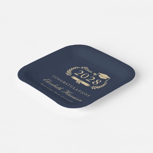 Eleganter Script Blue Gold Abschluss Pappteller (Gewinkelt)