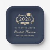 Eleganter Script Blue Gold Abschluss Pappteller (Vorderseite)