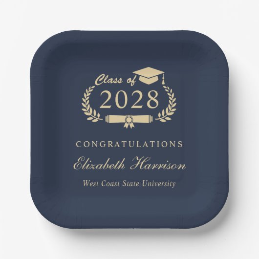 Eleganter Script Blue Gold Abschluss Pappteller (Vorderseite)