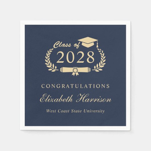 Eleganter Script Blue Gold Abschluss Serviette (Vorderseite)