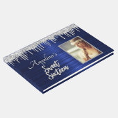 Eleganter Script Blue Metallic Silver Glitzer Gästebuch (Ecke)