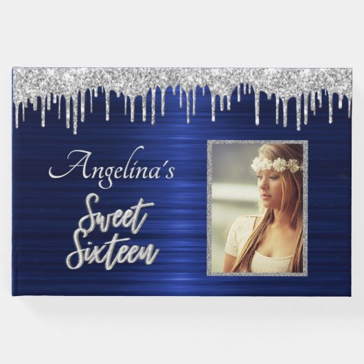 Eleganter Script Blue Metallic Silver Glitzer Gästebuch (Vorderseite)