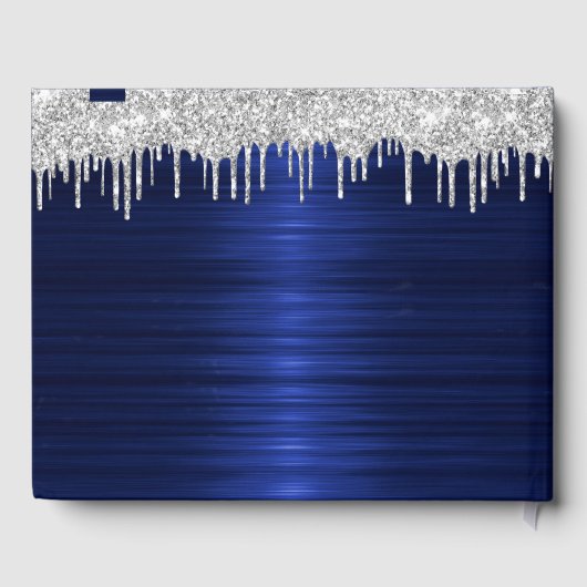 Eleganter Script Blue Metallic Silver Glitzer Gästebuch (Rückseite)
