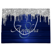 Eleganter Script Blue Metallic Silver Glitzer Große Geschenktüte (Vorderseite)