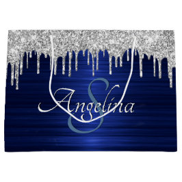 Eleganter Script Blue Metallic Silver Glitzer Große Geschenktüte