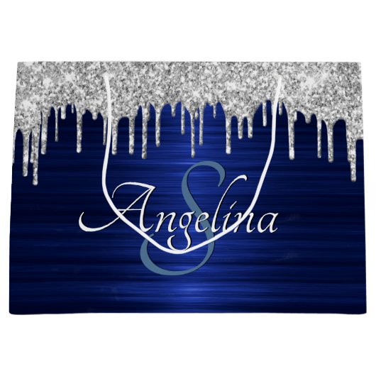 Eleganter Script Blue Metallic Silver Glitzer Große Geschenktüte (Vorderseite)