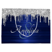 Eleganter Script Blue Metallic Silver Glitzer Große Geschenktüte (Rückseite)