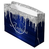 Eleganter Script Blue Metallic Silver Glitzer Große Geschenktüte (Rückseite Schrägansicht)