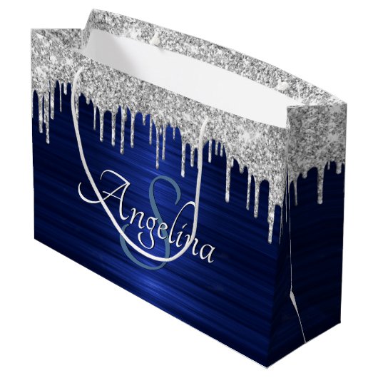Eleganter Script Blue Metallic Silver Glitzer Große Geschenktüte (Rückseite Schrägansicht)