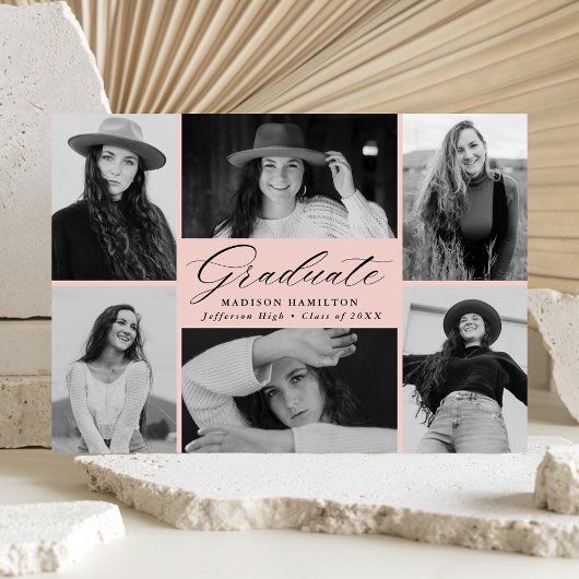 Eleganter Script Blush 6 Foto Collage Abschluss Ankündigung