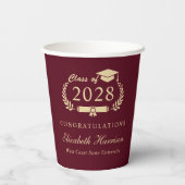 Eleganter Script Burgundy Red Gold Abschluss Pappbecher (Rückseite)