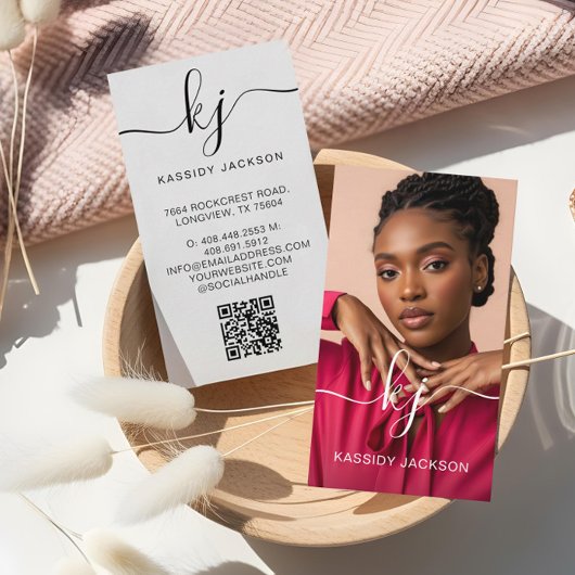 Eleganter Script Calligraphy Monogram Logo & QR Co Visitenkarte