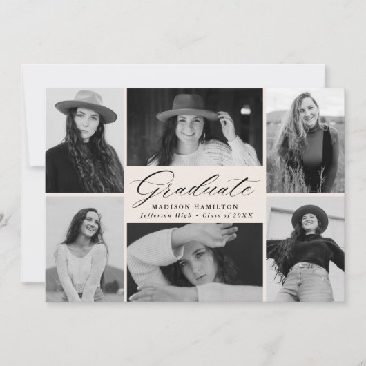 Eleganter Script Cream 6 Foto Collage Abschluss Ankündigung (Vorderseite)