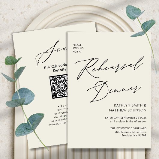 Eleganter Script Cream Probe Dinner QR Code Einladung
