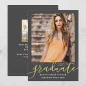 Eleganter Script Dark Gray Gold 2-Foto Abschluss Ankündigung (Vorne/Hinten)