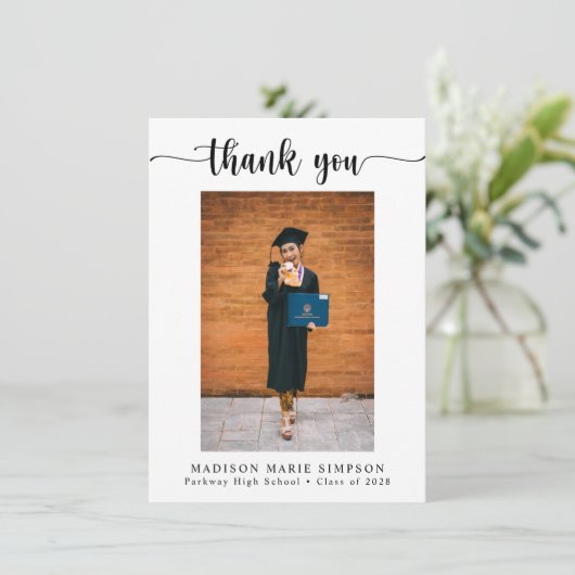 Eleganter Script-Foto-Abschluss Dankeskarte (Stehend Vorderseite)