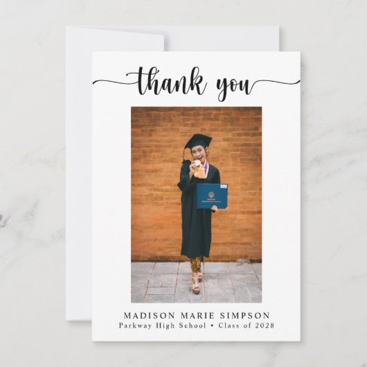 Eleganter Script-Foto-Abschluss Dankeskarte (Vorderseite)